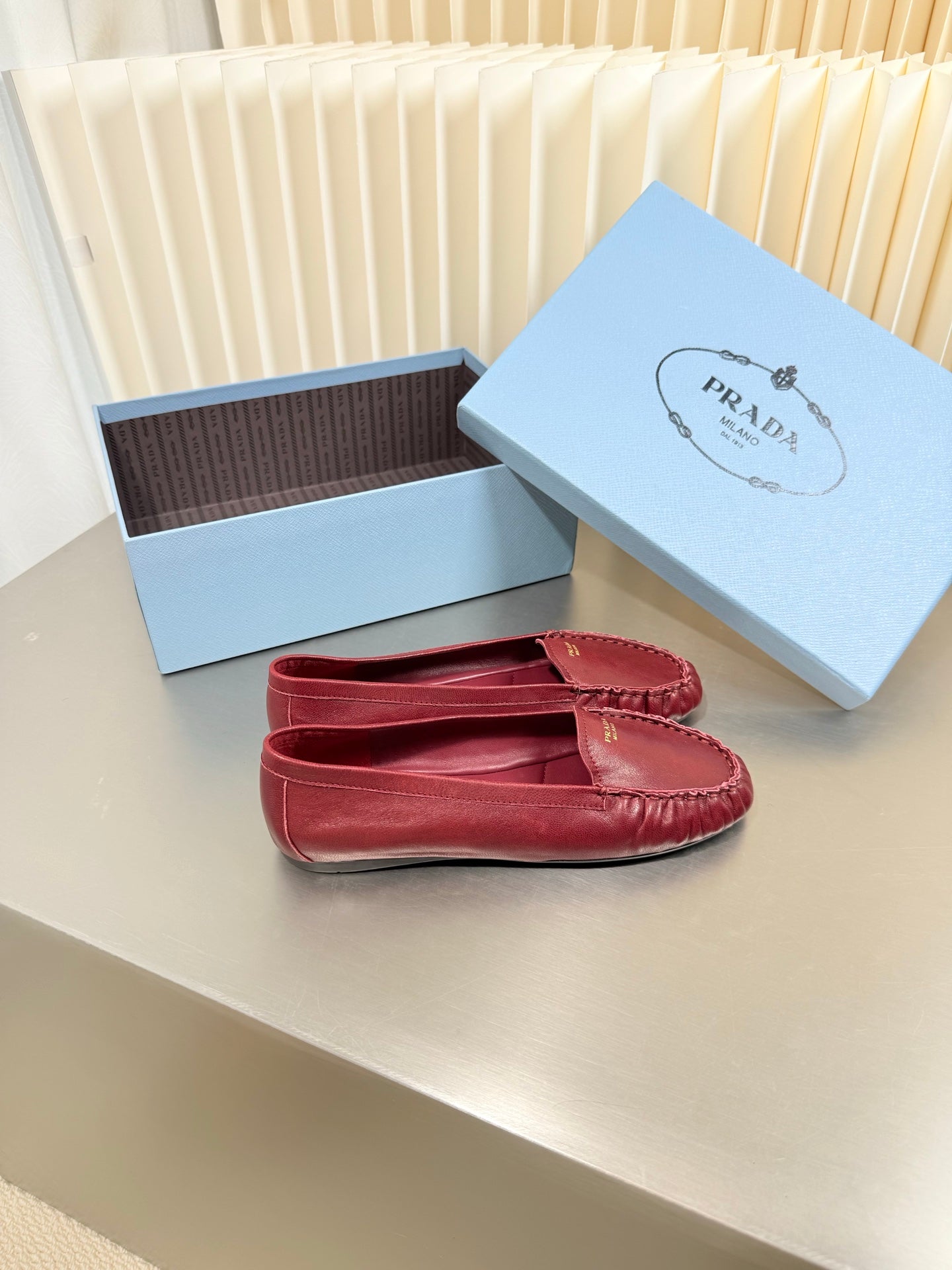 PRADA 26S CLASSIC LOAFERS IN DARK RED LAMBSKIN