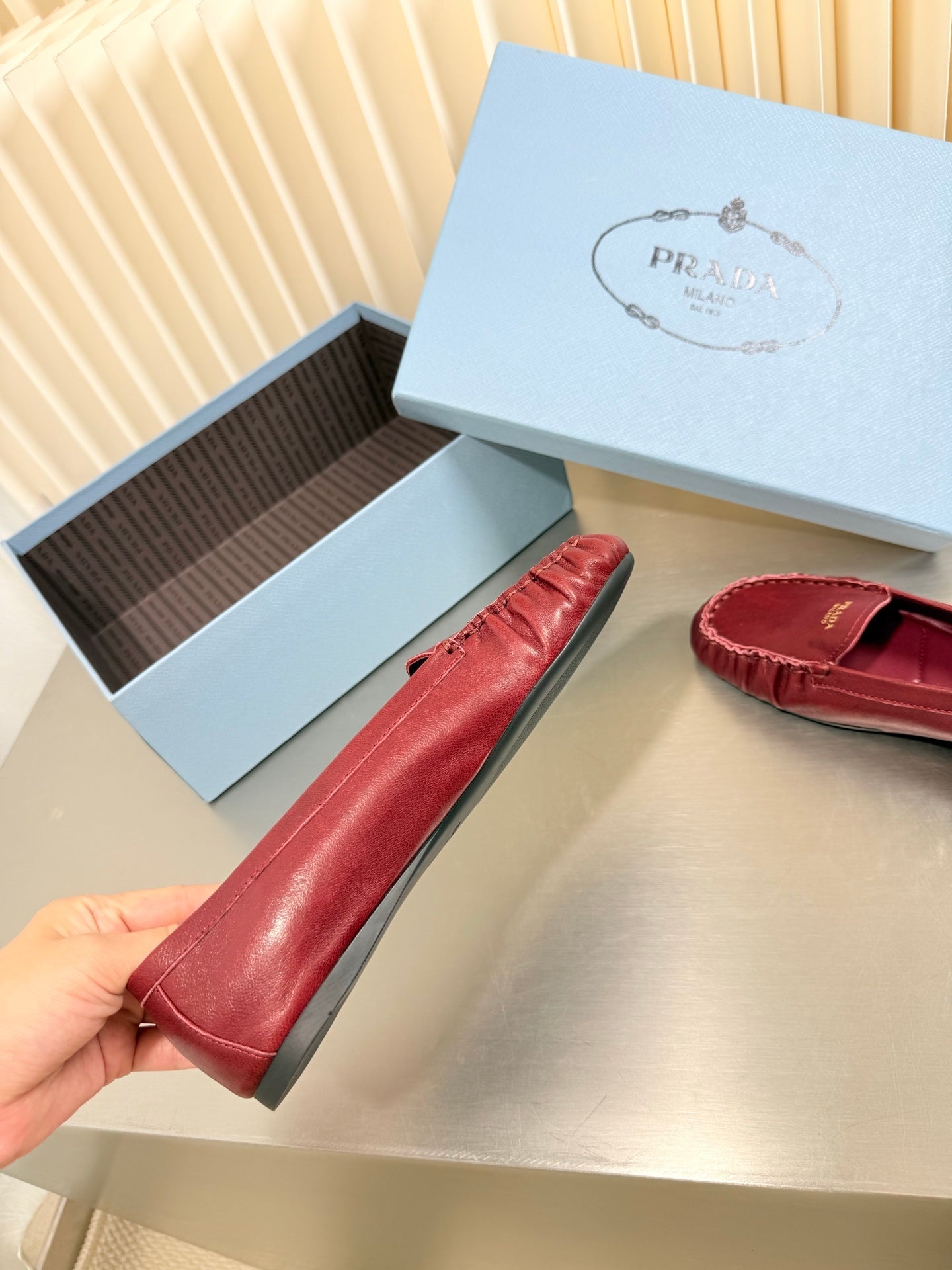 PRADA 26S CLASSIC LOAFERS IN DARK RED LAMBSKIN