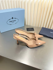 PRADA 26S POINTED-TOE SLINGBACK PUMPS IN BEIGE PATENT CALFSKIN WITH BOW