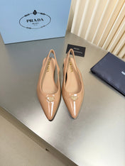 PRADA 26S SLINGBACK FLATS IN BEIGE PATENT CALFSKIN WITH GOLD HARDWARE
