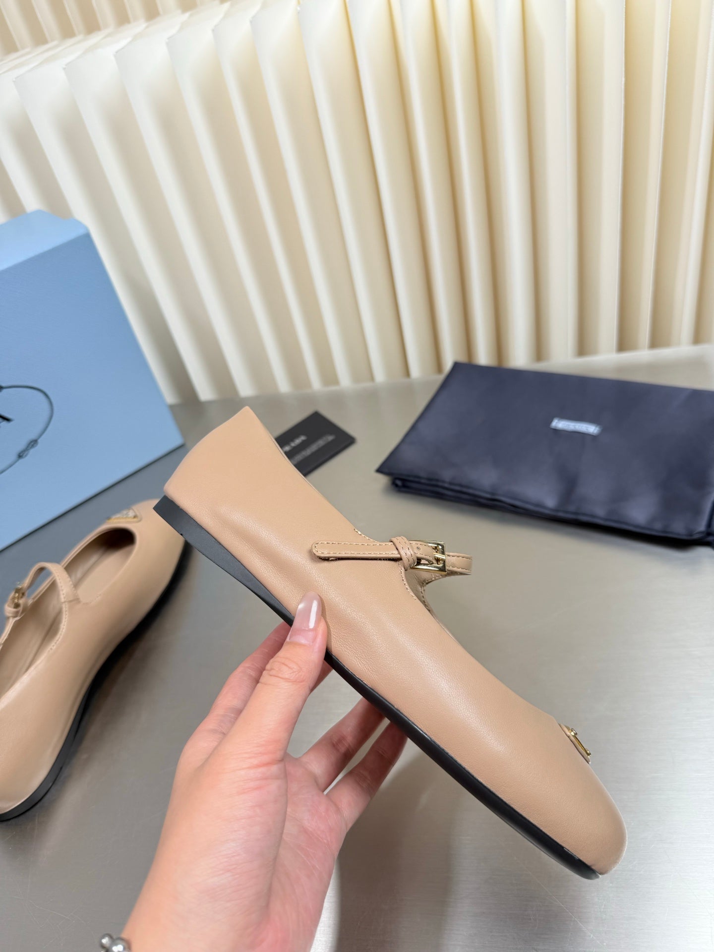 PRADA 26S MARY JANE FLATS IN BEIGE CALFSKIN