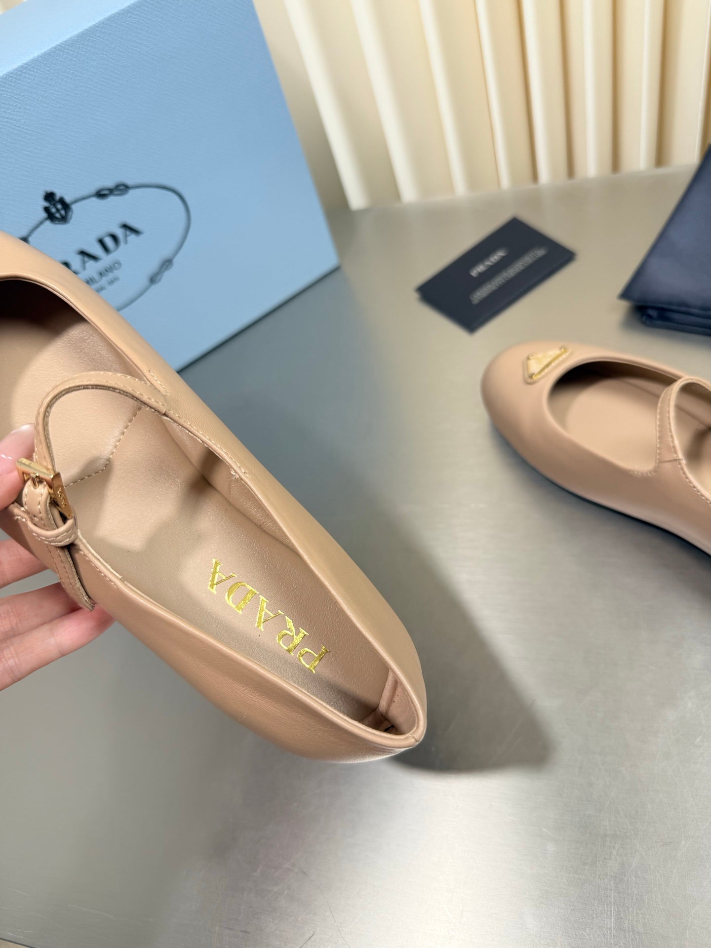 PRADA 26S MARY JANE FLATS IN BEIGE CALFSKIN