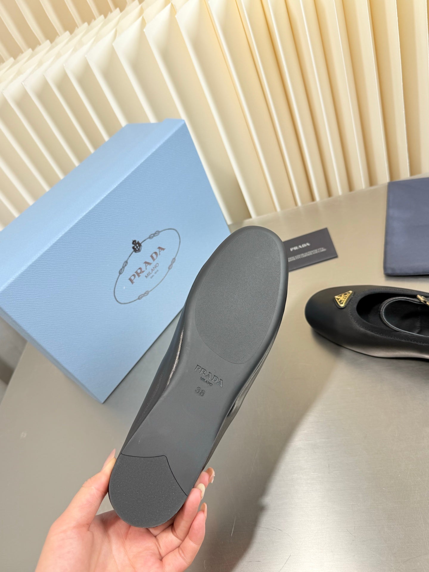 PRADA 26S MARY JANE FLATS IN BLACK CALFSKIN