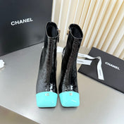 CHANEL 26S ZIPPER BOOTS 75 MM IN BLACK PATENT LEATHER CROCODILE EMBOSSED AND LIGHT BLUE CALFSKIN