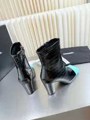 CHANEL 26S ZIPPER BOOTS 75 MM IN BLACK PATENT LEATHER CROCODILE EMBOSSED AND LIGHT BLUE CALFSKIN