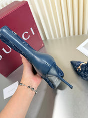 GUCCI 26S HORSEBIT BOOTS 105 MM IN NAVY BLUE DENIM AND LEATHER