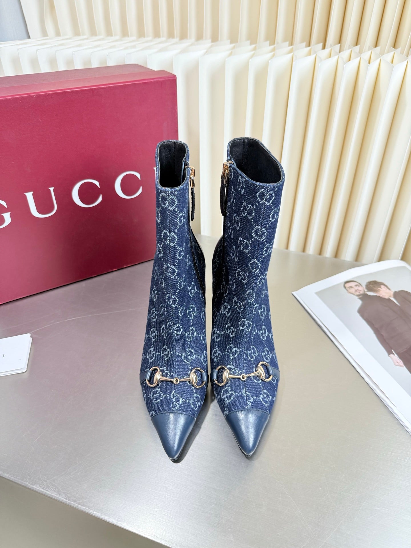 GUCCI 26S HORSEBIT BOOTS 105 MM IN NAVY BLUE DENIM AND LEATHER