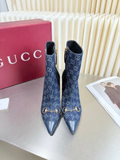 GUCCI 26S HORSEBIT BOOTS 105 MM IN NAVY BLUE DENIM AND LEATHER