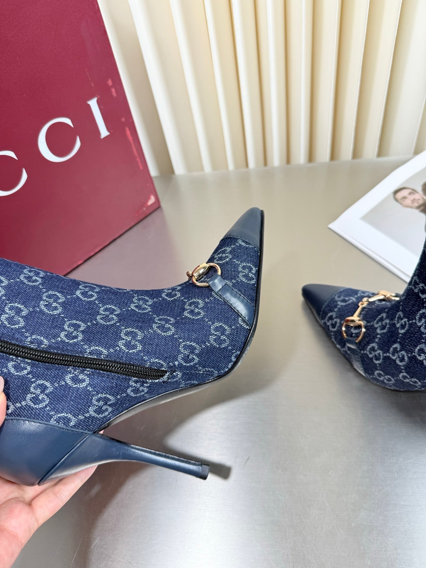 GUCCI 26S HORSEBIT BOOTS 105 MM IN NAVY BLUE DENIM AND LEATHER