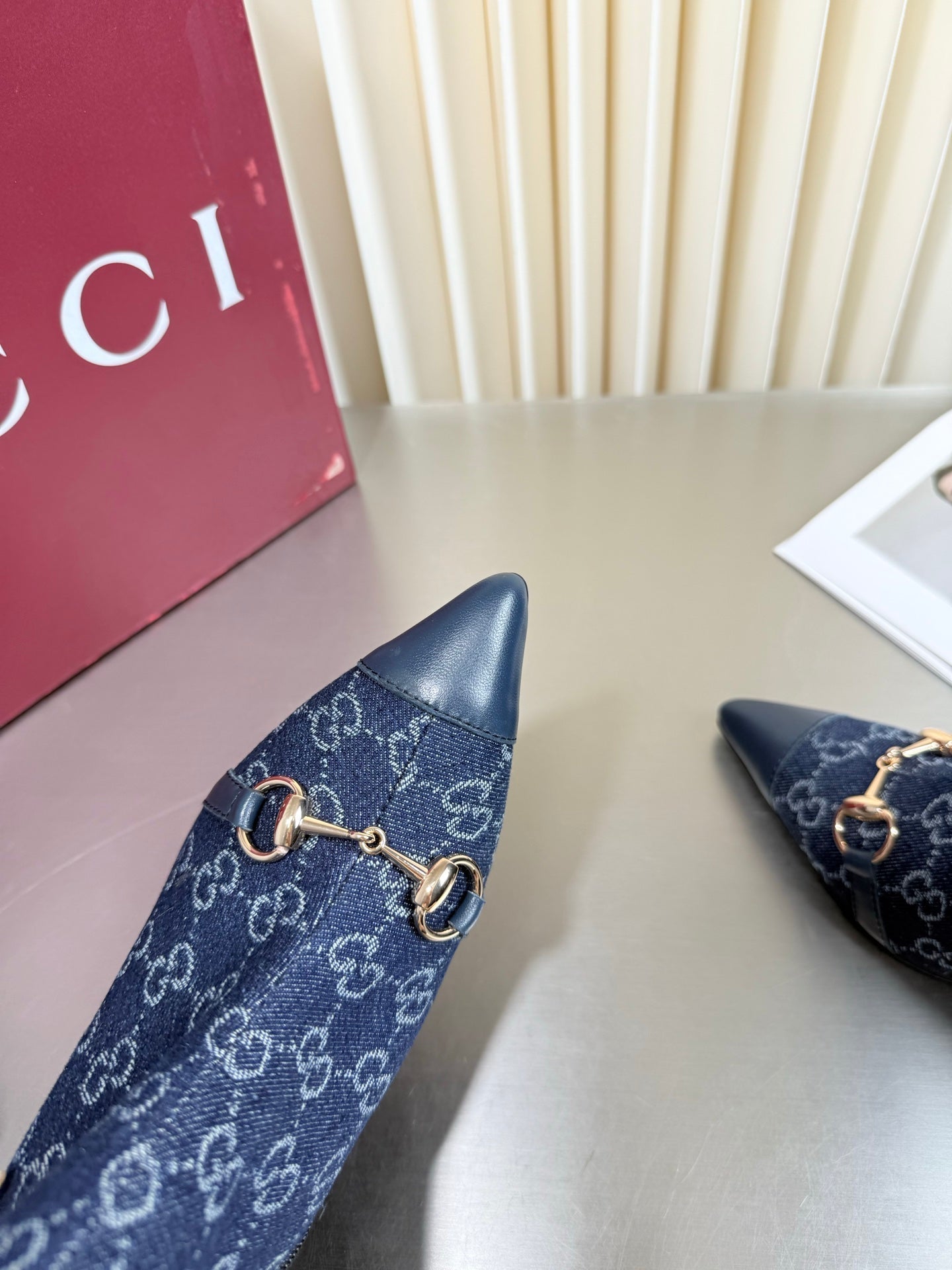 GUCCI 26S HORSEBIT BOOTS 105 MM IN NAVY BLUE DENIM AND LEATHER