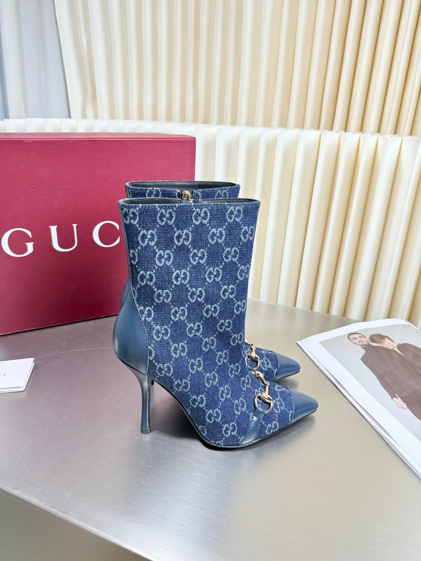 GUCCI 26S HORSEBIT BOOTS 105 MM IN NAVY BLUE DENIM AND LEATHER