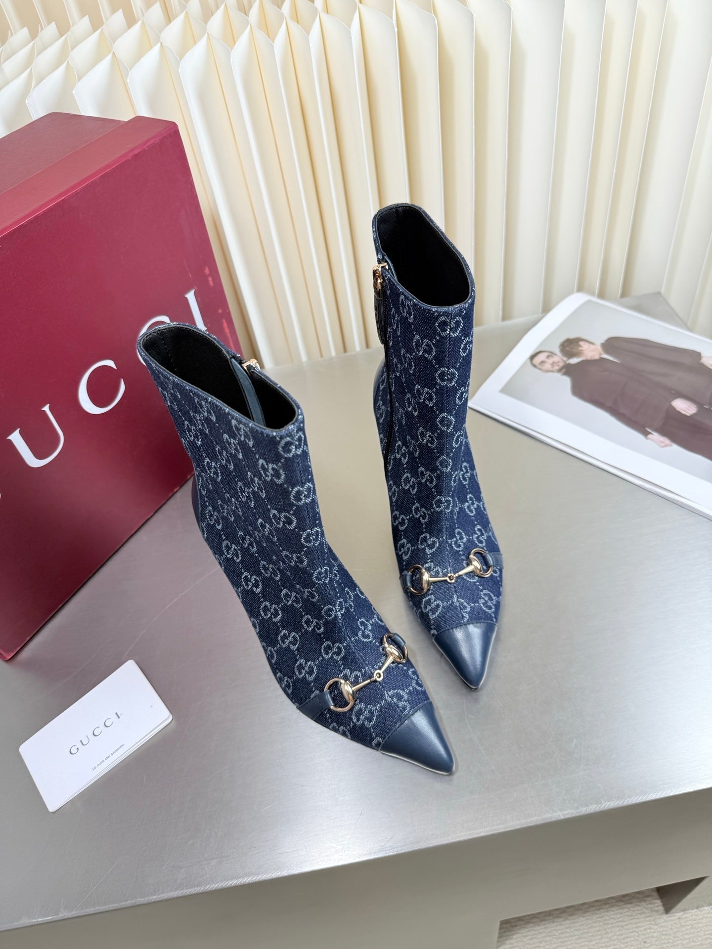 GUCCI 26S HORSEBIT BOOTS 105 MM IN NAVY BLUE DENIM AND LEATHER