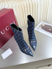 GUCCI 26S HORSEBIT BOOTS 105 MM IN NAVY BLUE DENIM AND LEATHER