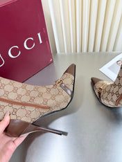 GUCCI 26S HORSEBIT BOOTS 105 MM IN BROWN LEATHER AND BEIGE CANVAS