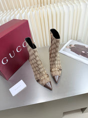 GUCCI 26S HORSEBIT BOOTS 105 MM IN BROWN LEATHER AND BEIGE CANVAS