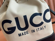 DRAWSTRING SHOULDER BAG LOGO PRINT 31 IN WHITE CANVAS DARK BLUE CALFSKIN