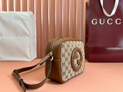 BLONDIE SMALL SHOULDER BAG 21 IN BEIGE AND DARK BROWN CANVAS BROWN CALFSKIN