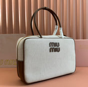 BEAU TOP HANDLE BAG 34 IN WHITE CANVAS AND WALNUT BROWN CALFSKIN TRIM