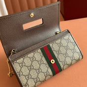 OPHIDIA WALLET ON CHAIN 19 IN BEIGE AND DARK BROWN COATED FABRIC AND BROWN CALFSKIN TRIM