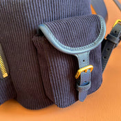 MIUMIU 26S MEDIUM BACKPACK 29 IN DARK BLUE CANVAS BLUE CALFSKIN