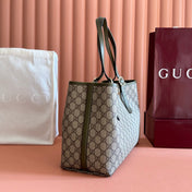 GUCCI 26S TOTE BAG 38 IN DARK BEIGE AND MOSS GREEN CANVAS