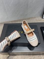 ALAIA MARY JANE FLATS WOVEN PATTERN 25S IN WHITE MIX LIGHT BEIGE CALFSKIN
