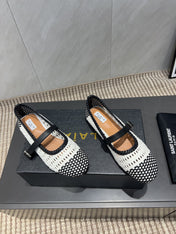 ALAIA MARY JANE FLATS WOVEN PATTERN 25S IN WHITE MIX BLACK CALFSKIN