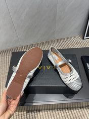 ALAIA MARY JANE FLATS WOVEN PATTERN 25S IN WHITE MIX GREY CALFSKIN