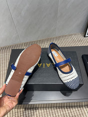 ALAIA MARY JANE FLATS WOVEN PATTERN 25S IN WHITE MIX NAVY BLUE CALFSKIN