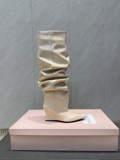 BALMAIN 26S KNEE-HIGH BOOTS 75 MM IN LIGHT BEIGE CALFSKIN
