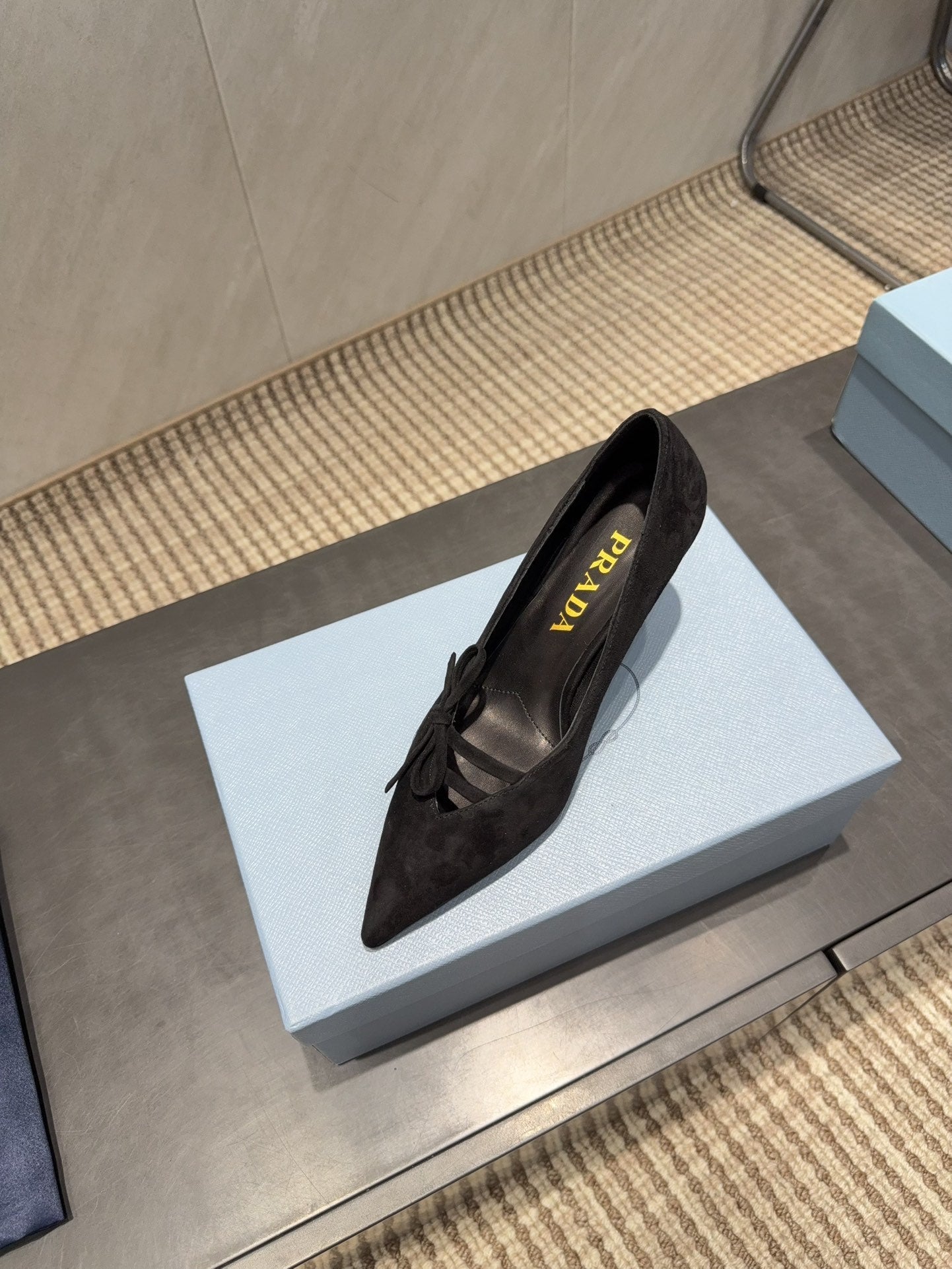 PRADA 26S POINTED TOE HEELS 75MM IN BLACK SUEDE WITH BOW