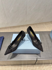 PRADA 26S POINTED TOE HEELS 75MM IN BLACK SUEDE WITH BOW
