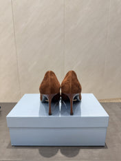 PRADA 26S POINTED TOE HEELS 75MM IN DARK BROWN SUEDE WITH BOW
