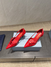 PRADA 26S POINTED TOE CUT OUT HIGH HEELS 75MM IN BRIGHT RED CALFSKIN WITH BOW