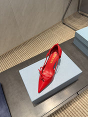 PRADA 26S POINTED TOE CUT OUT HIGH HEELS 75MM IN BRIGHT RED CALFSKIN WITH BOW