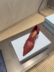 PRADA 26S POINTED TOE CUT OUT HIGH HEELS 75MM IN BURGUNDY RED SUEDE WITH BOW