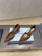 PRADA 26S POINTED TOE CUT OUT HIGH HEELS 75MM IN DARK BROWN SUEDE WITH BOW