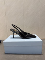 PRADA 26S POINTED TOE SLINGBACK HIGH HEELS 75MM IN BLACK CALFSKIN