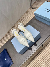 PRADA 26S POINTED TOE SLINGBACK HIGH HEELS 75MM IN WHITE CALFSKIN