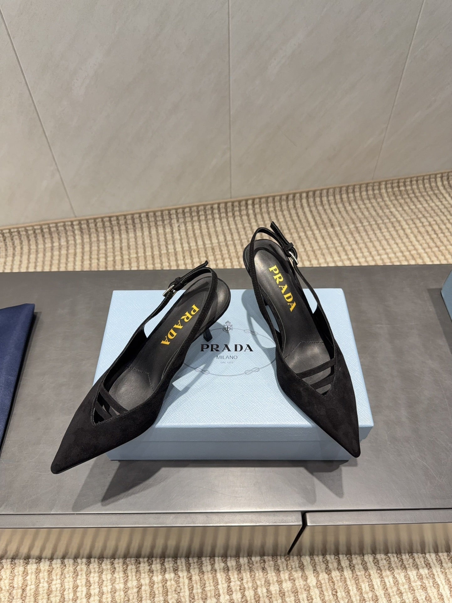 PRADA 26S POINTED TOE SLINGBACK HIGH HEELS 75MM IN BLACK SUEDE