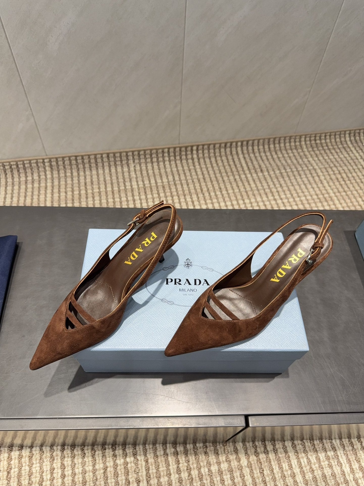 PRADA 26S POINTED TOE SLINGBACK HIGH HEELS 75MM IN DARK BROWN SUEDE