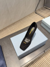 PRADA 26S SQUARE TOE HIGH HEELS 85MM IN BLACK SUEDE WITH LOGO