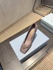 PRADA 26S SQUARE TOE HIGH HEELS 85MM IN TAUPE BROWN SUEDE WITH LOGO