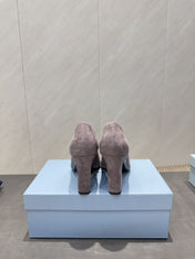 PRADA 26S SQUARE TOE HIGH HEELS 85MM IN TAUPE BROWN SUEDE WITH LOGO