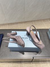 PRADA 26S LOW HEEL SQUARE TOE SLINGBACK SHOES 85MM IN TAUPE BROWN SUEDE WITH LOGO