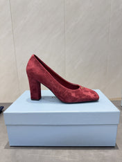 PRADA 26S SQUARE TOE HIGH HEELS 85MM IN DARK RED SUEDE