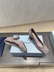 PRADA 26S SQUARE TOE HIGH HEELS 85MM IN TAUPE BROWN SUEDE