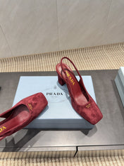 PRADA 26S LOW HEEL SQUARE TOE SLINGBACK SHOES 85MM IN DARK RED SUEDE