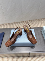 PRADA 26S LOW HEEL SQUARE TOE SLINGBACK SHOES 85MM IN CARAMEL BROWN SUEDE