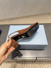 PRADA 26S LOW HEEL SQUARE TOE SLINGBACK SHOES 85MM IN CARAMEL BROWN SUEDE